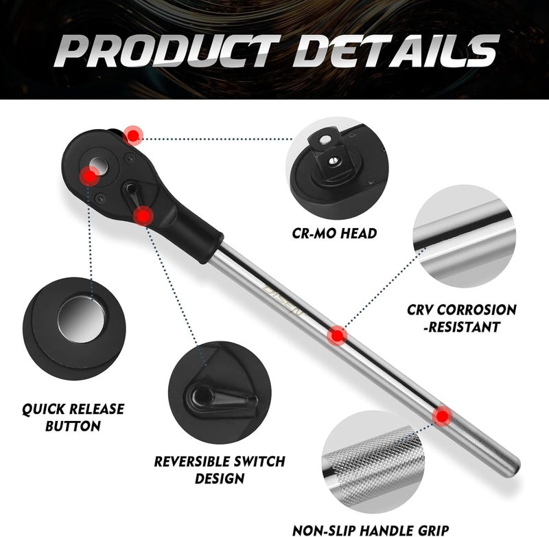 DISEN 3/4'' Drive Ratchet,24-Tooth Gear with 15° Sweep,Quick-Release Reversible Ratcheting with Reinforced Steel - Image 2